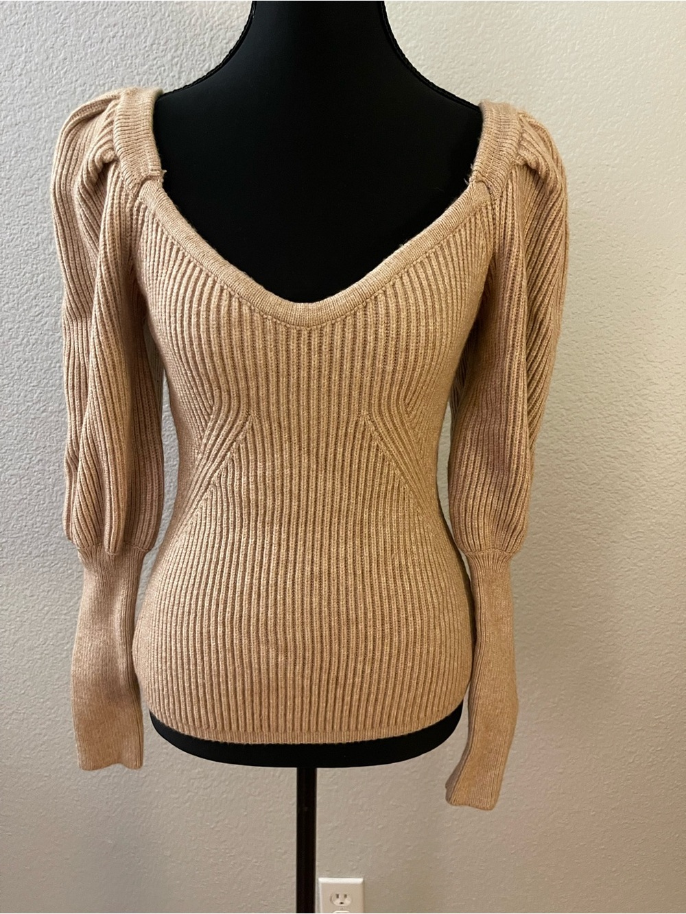 Astr Ribbed V-Neck Sweater in Beige Tan